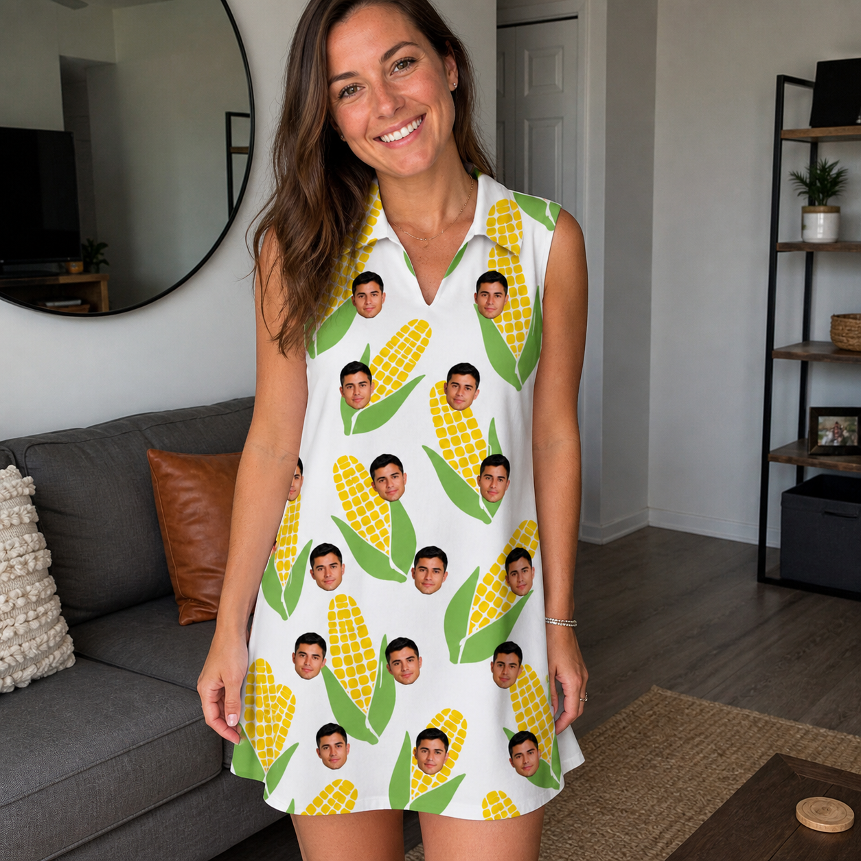 Real-life photo of someone wearing Women's Cob Together Custom Face V-Neck Dress — custom faces printed all-over