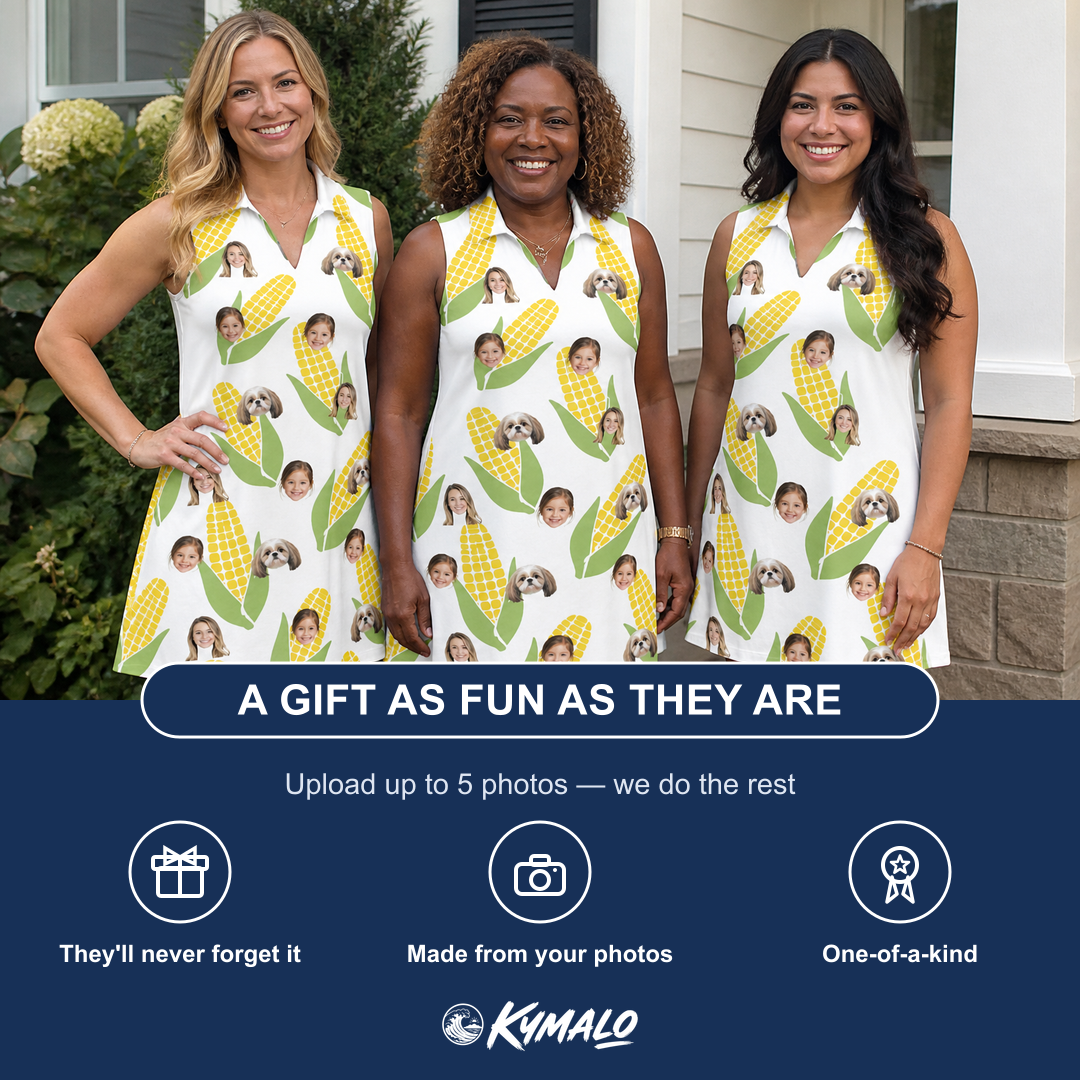 Friends in matching Women's Cob Together Custom Face V-Neck Dress — a group gift photo