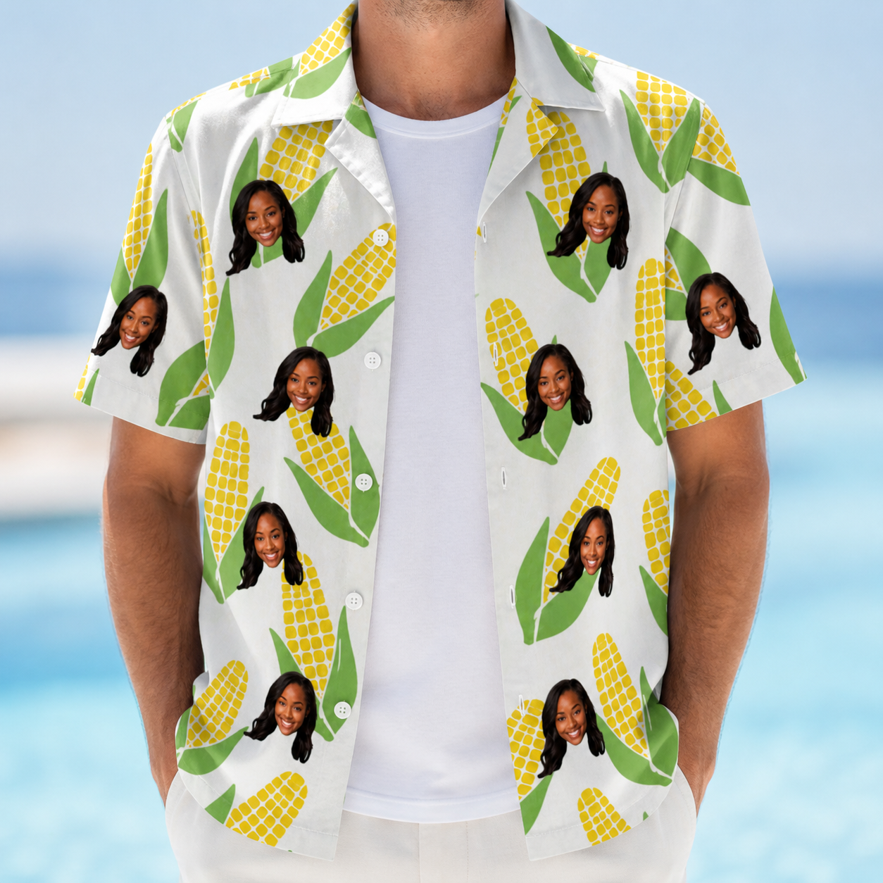 Man wearing Men's Cob Together Custom Face Hawaiian Shirt open over a white tee