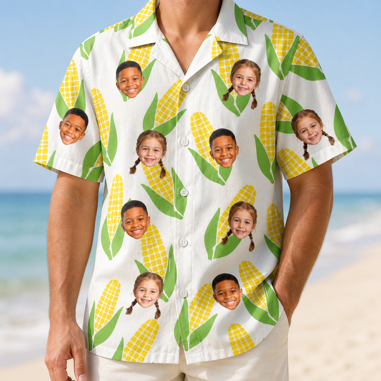 Model wearing Men's Cob Together Custom Face Hawaiian Shirt printed with kids' faces
