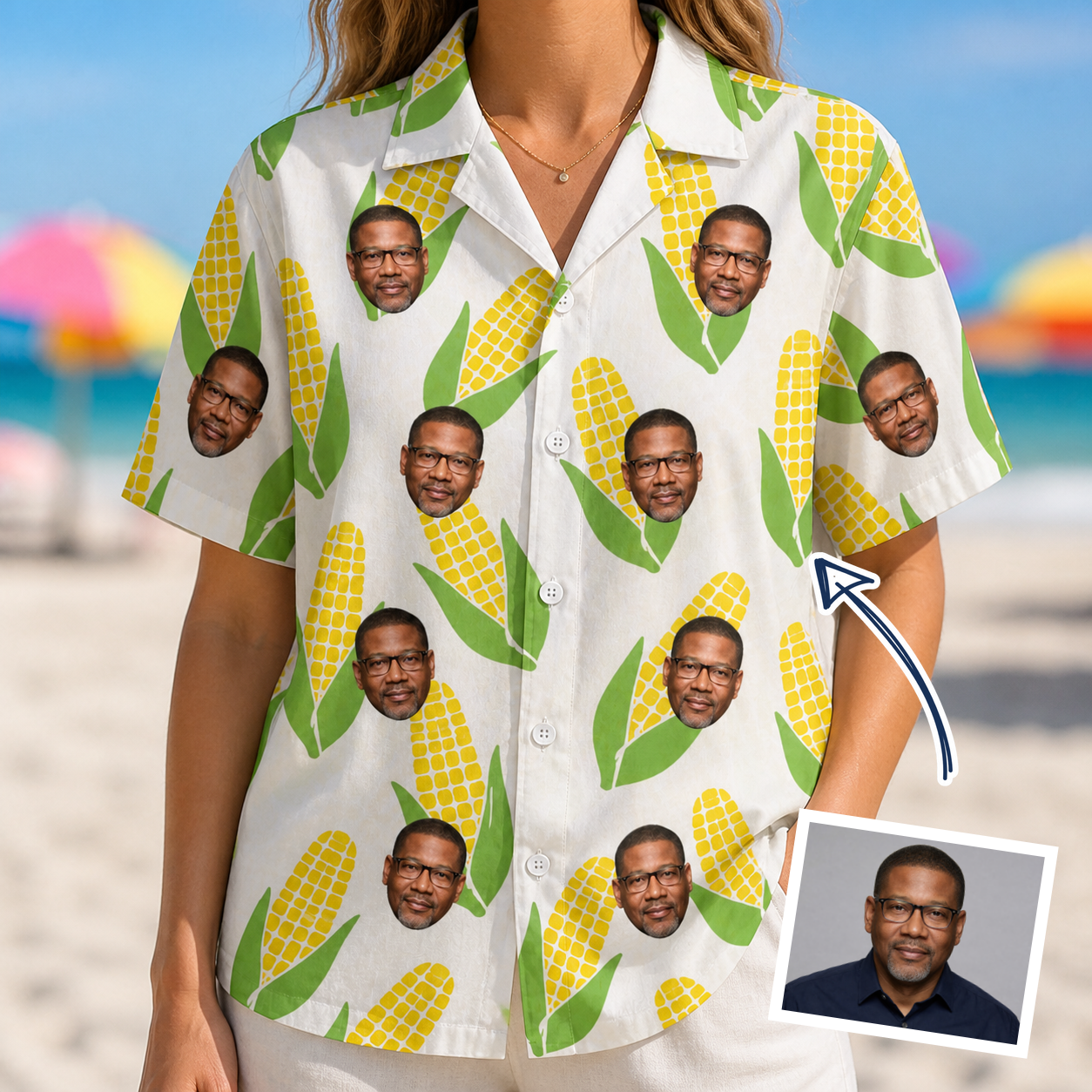 Woman wearing Women's Cob Together Custom Face Hawaiian Shirt — custom faces printed all-over