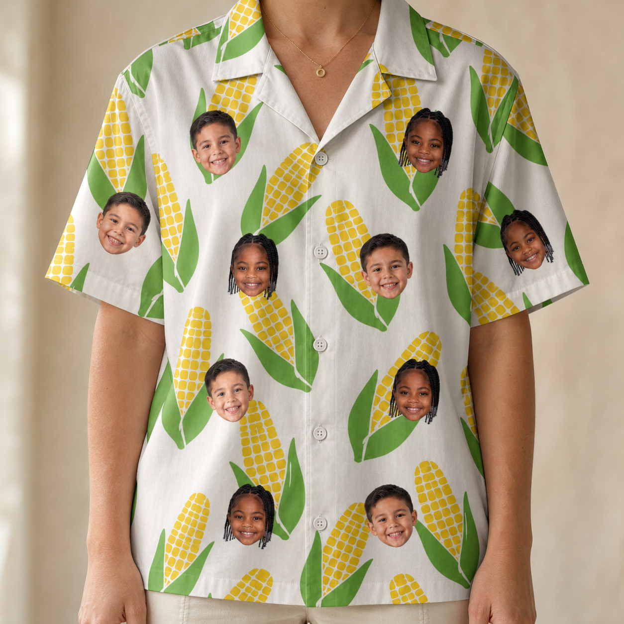 Model wearing Women's Cob Together Custom Face Hawaiian Shirt printed with kids' faces