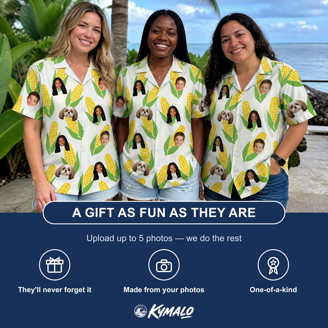 Friends in matching Women's Cob Together Custom Face Hawaiian Shirt — a group gift photo