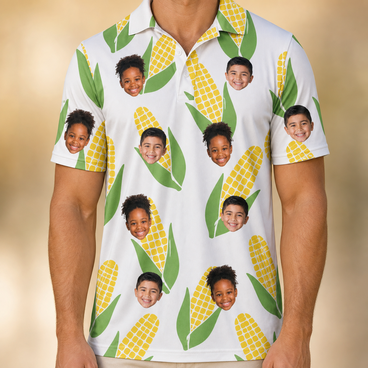 Model wearing Men's Cob Together Custom Face Polo Shirt printed with kids' faces