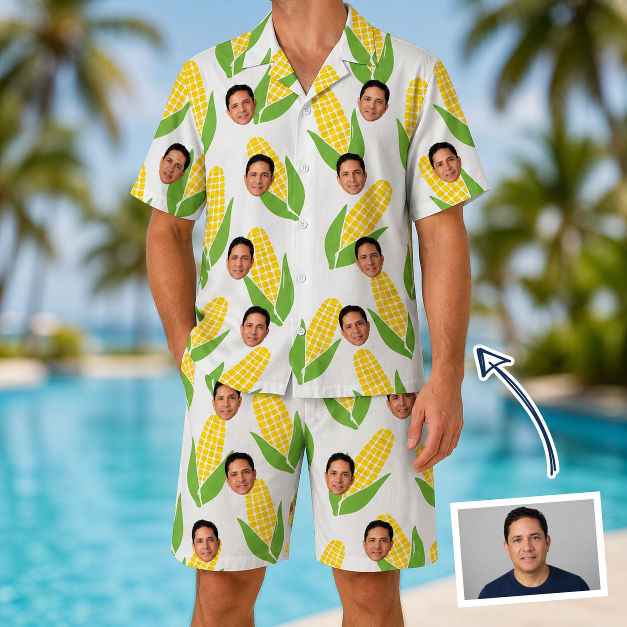 Man wearing Men's Cob Together Custom Face Shirt & Shorts Set — custom faces printed all-over