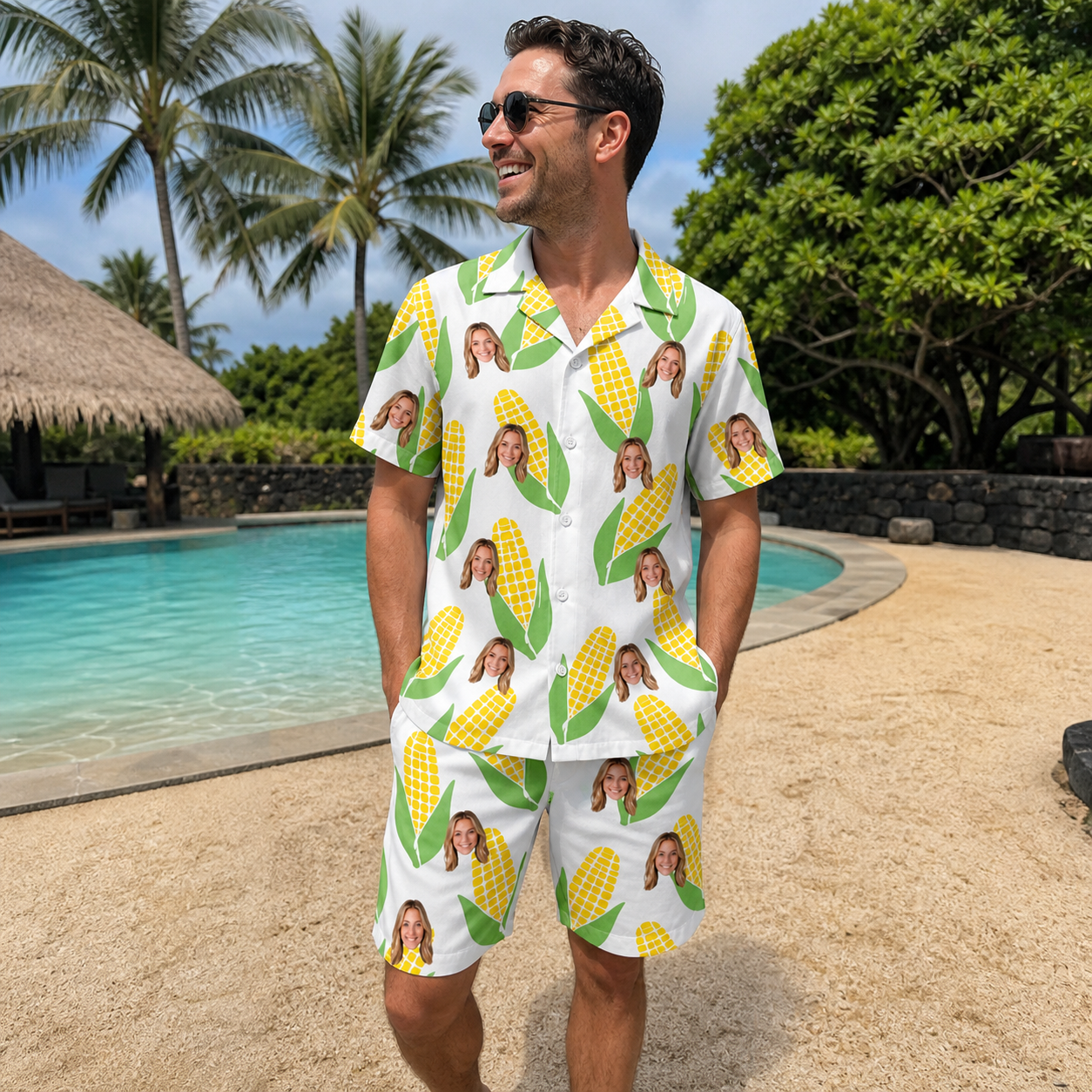Real-life photo of someone wearing Men's Cob Together Custom Face Shirt & Shorts Set — custom faces printed all-over