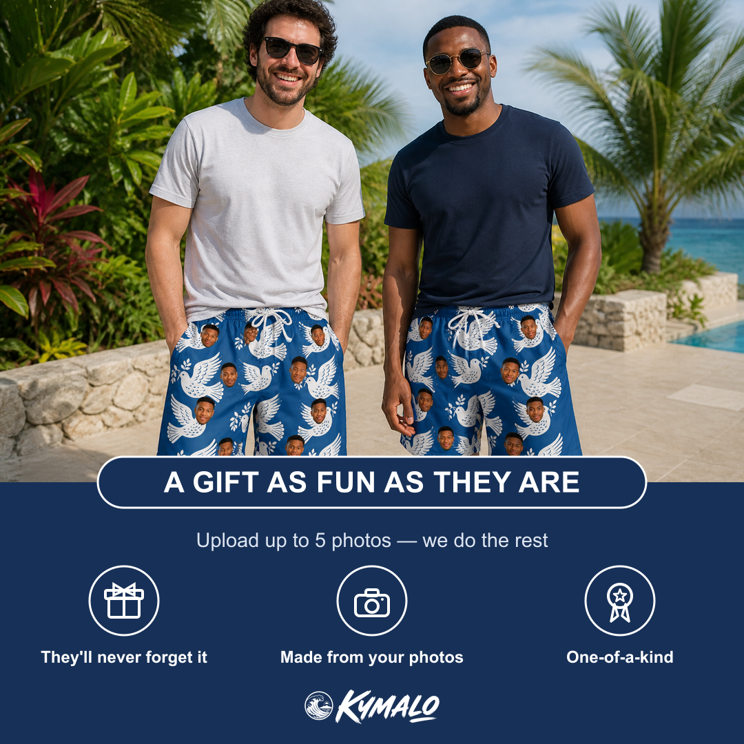 Friends in matching Men's Pearlwing Promise Custom Face Beach Shorts — a group gift photo
