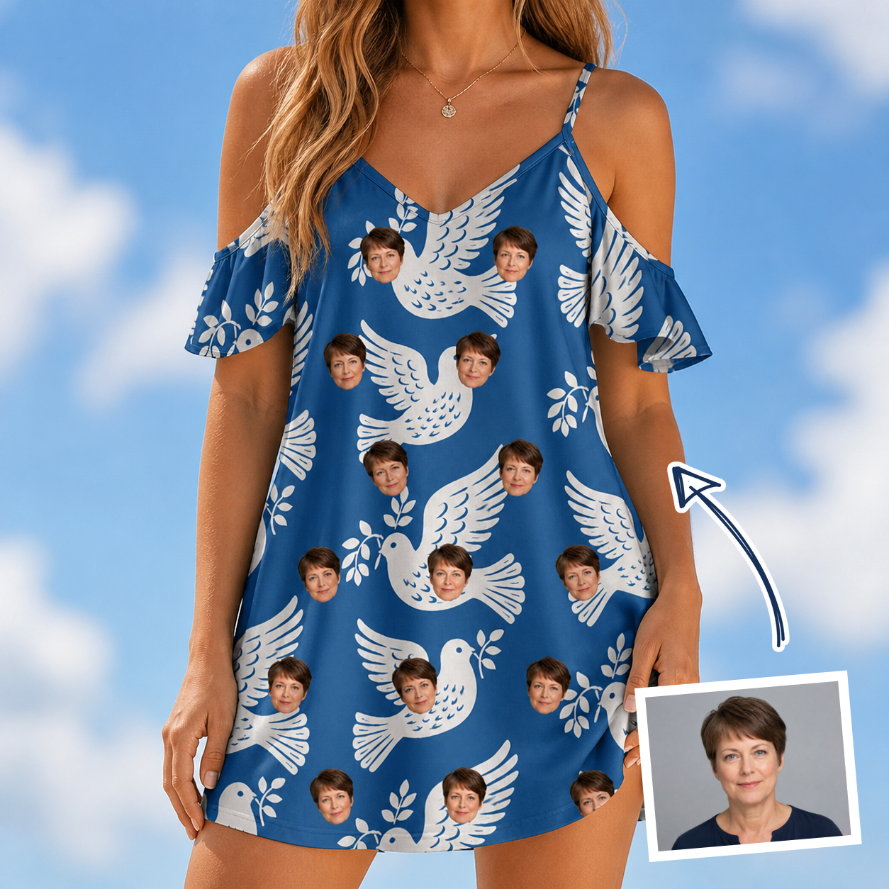 Woman wearing Women's Pearlwing Promise Custom Face Off-Shoulder Dress — custom faces printed all-over