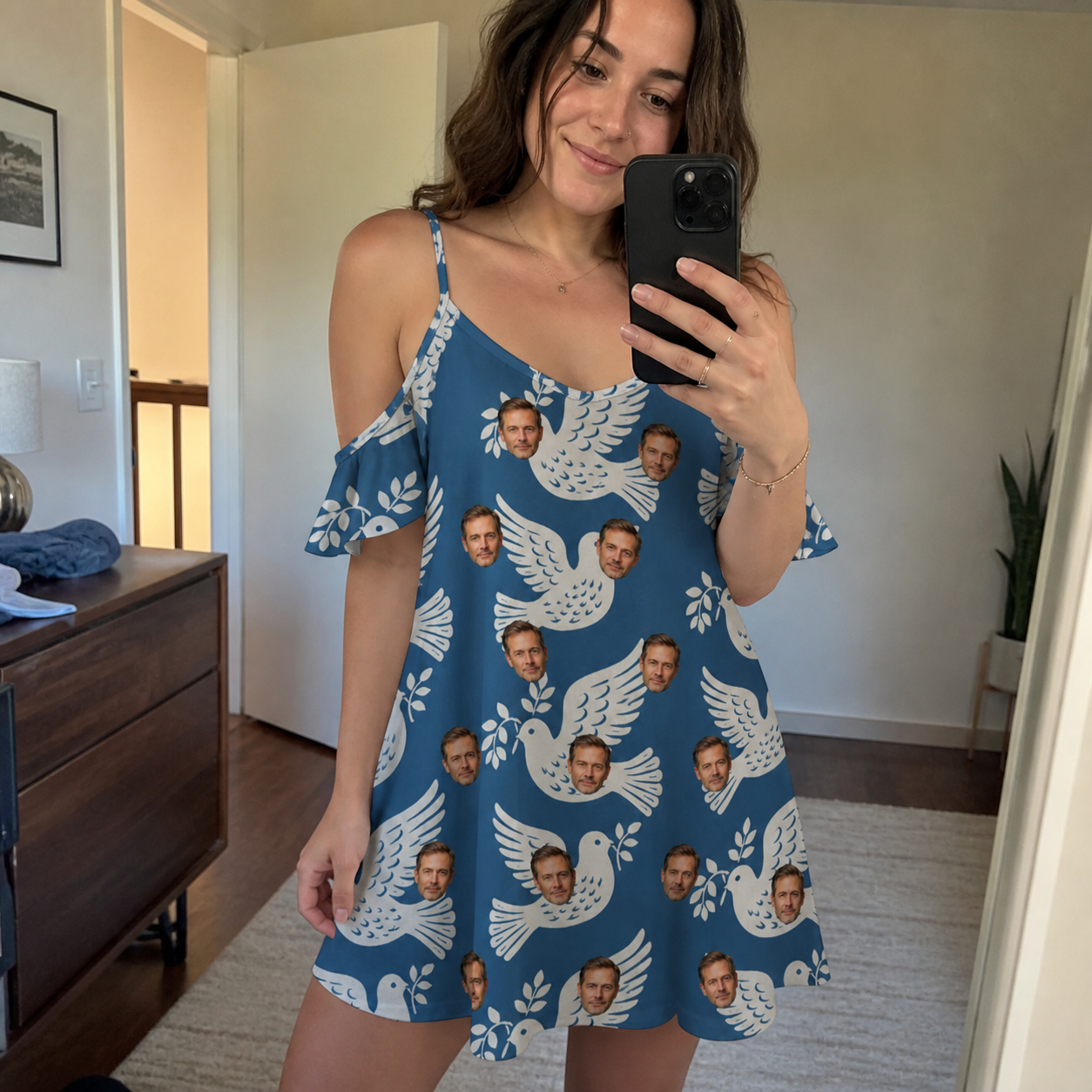 Real-life photo of someone wearing Women's Pearlwing Promise Custom Face Off-Shoulder Dress — custom faces printed all-over