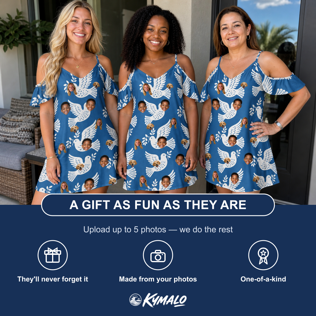 Friends in matching Women's Pearlwing Promise Custom Face Off-Shoulder Dress — a group gift photo
