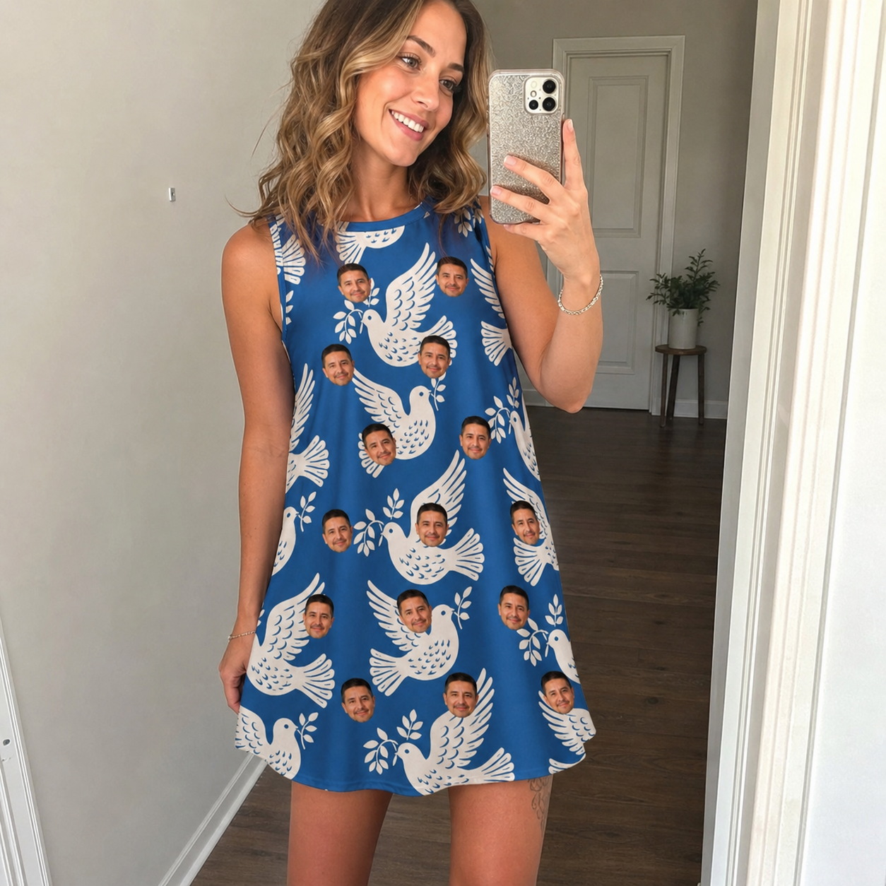 Real-life photo of someone wearing Women's Pearlwing Promise Custom Face Tank Dress — custom faces printed all-over