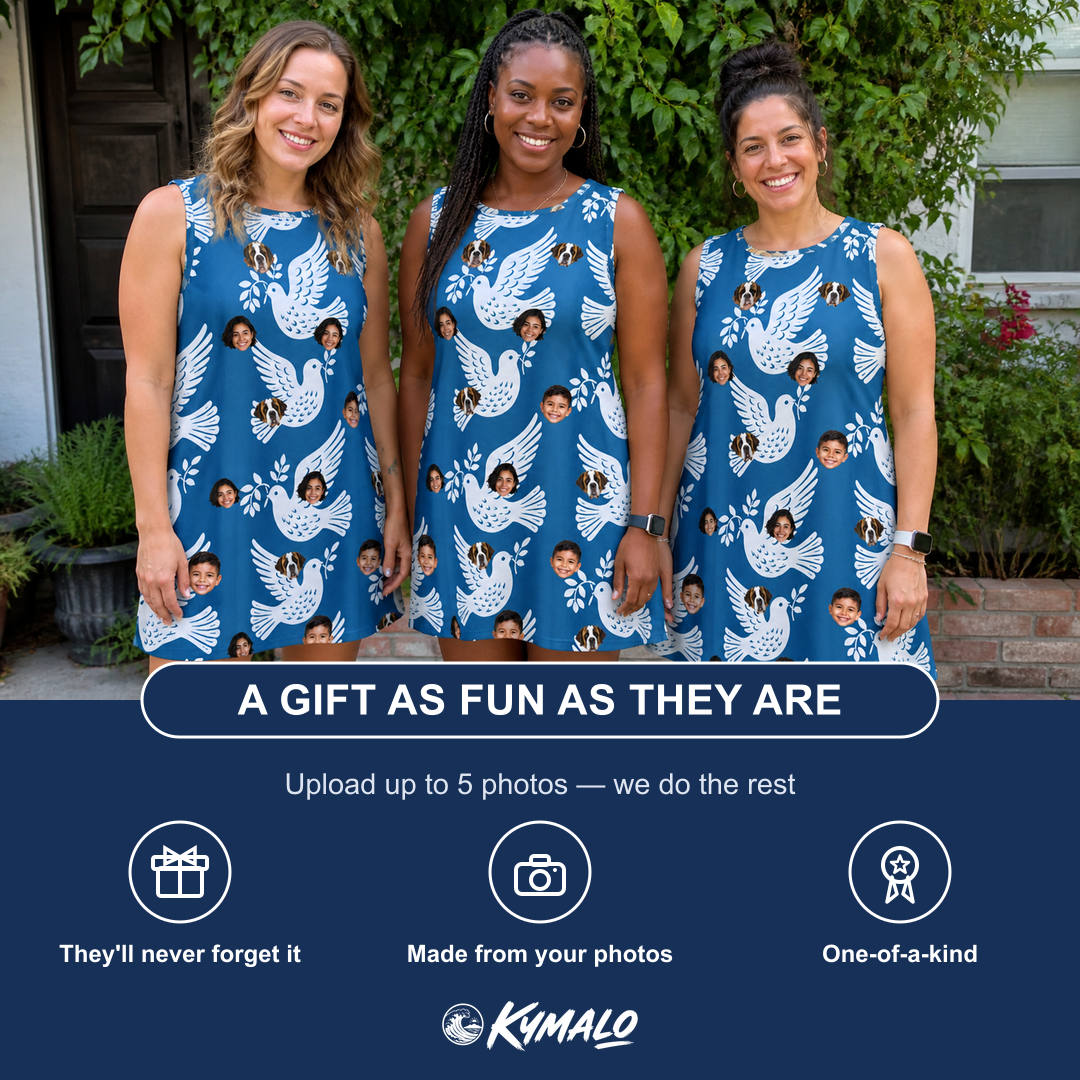 Friends in matching Women's Pearlwing Promise Custom Face Tank Dress — a group gift photo