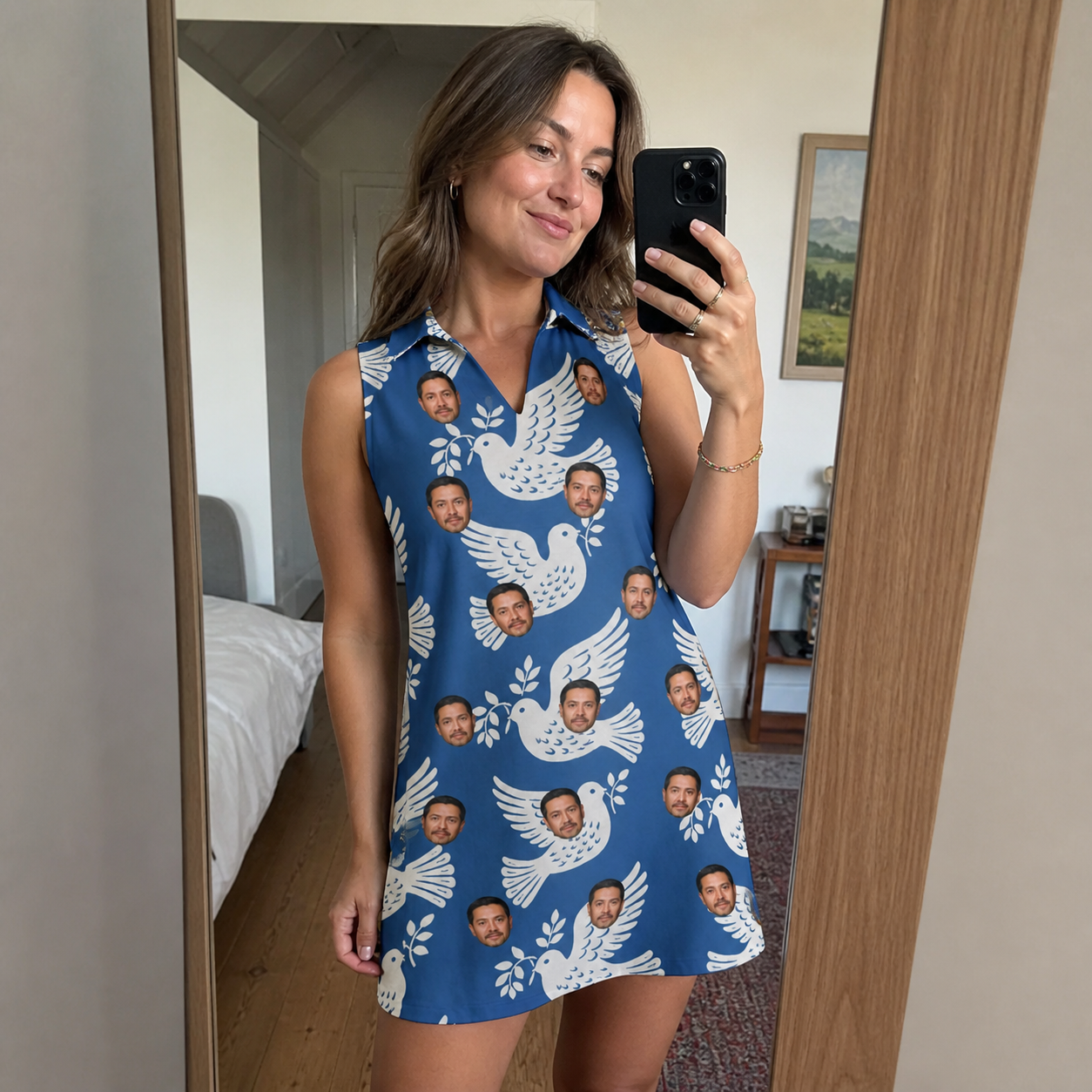 Real-life photo of someone wearing Women's Pearlwing Promise Custom Face V-Neck Dress — custom faces printed all-over