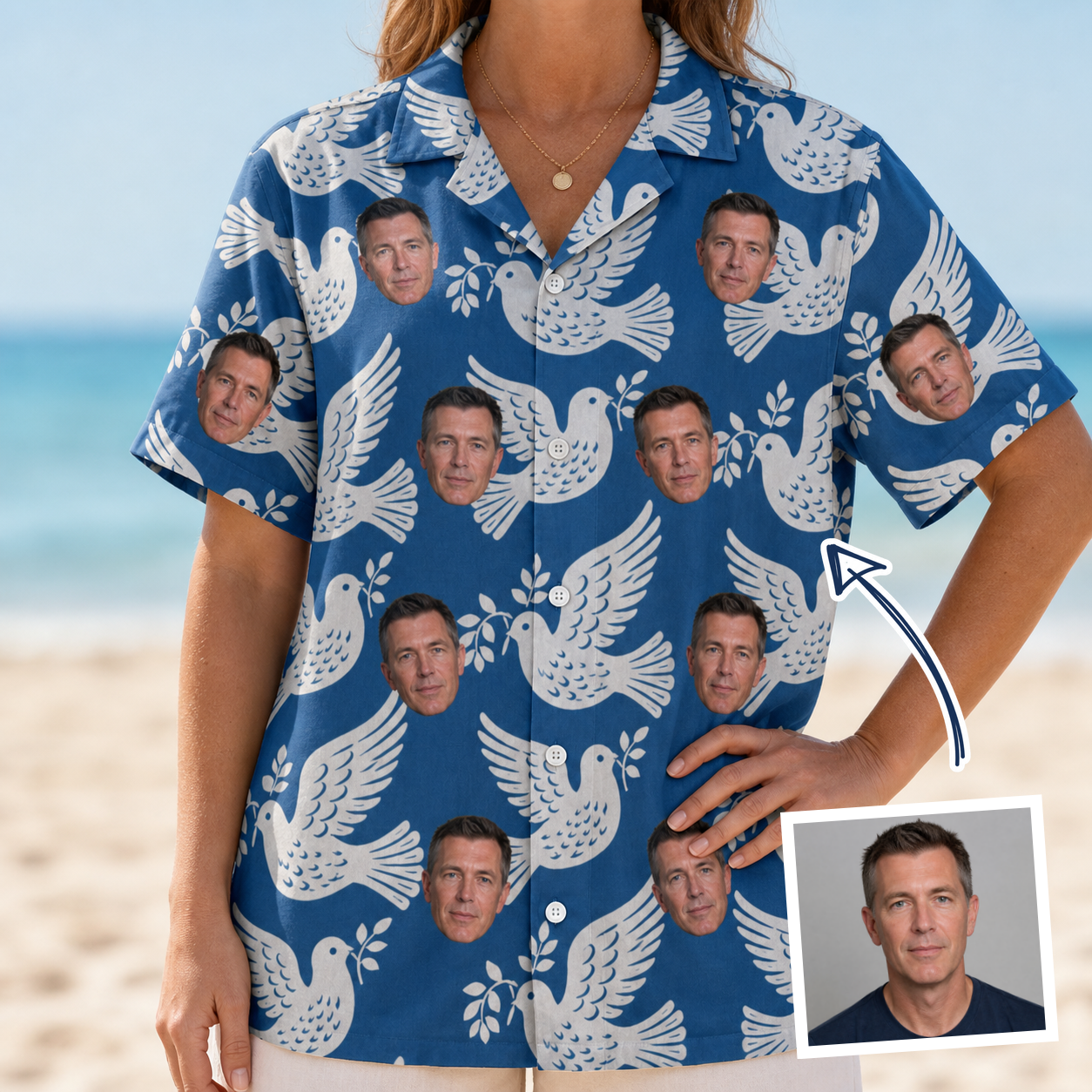 Woman wearing Women's Pearlwing Promise Custom Face Hawaiian Shirt — custom faces printed all-over