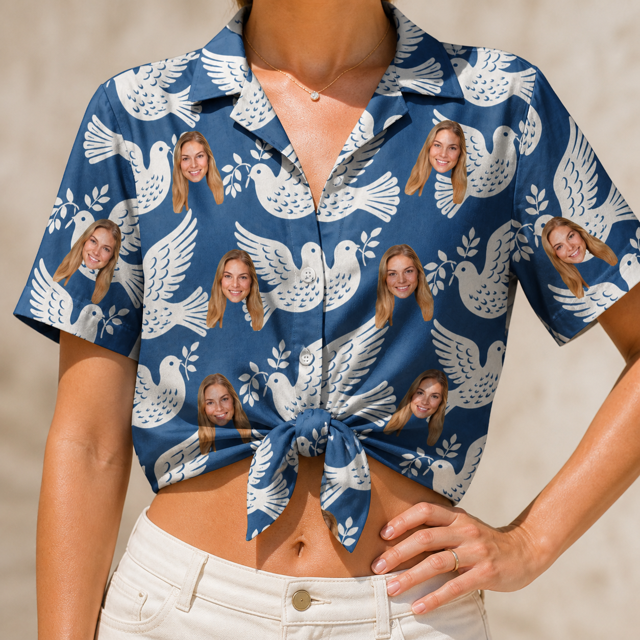 Woman wearing Women's Pearlwing Promise Custom Face Hawaiian Shirt tied at the waist
