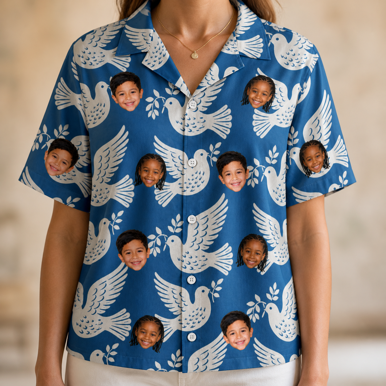 Model wearing Women's Pearlwing Promise Custom Face Hawaiian Shirt printed with kids' faces