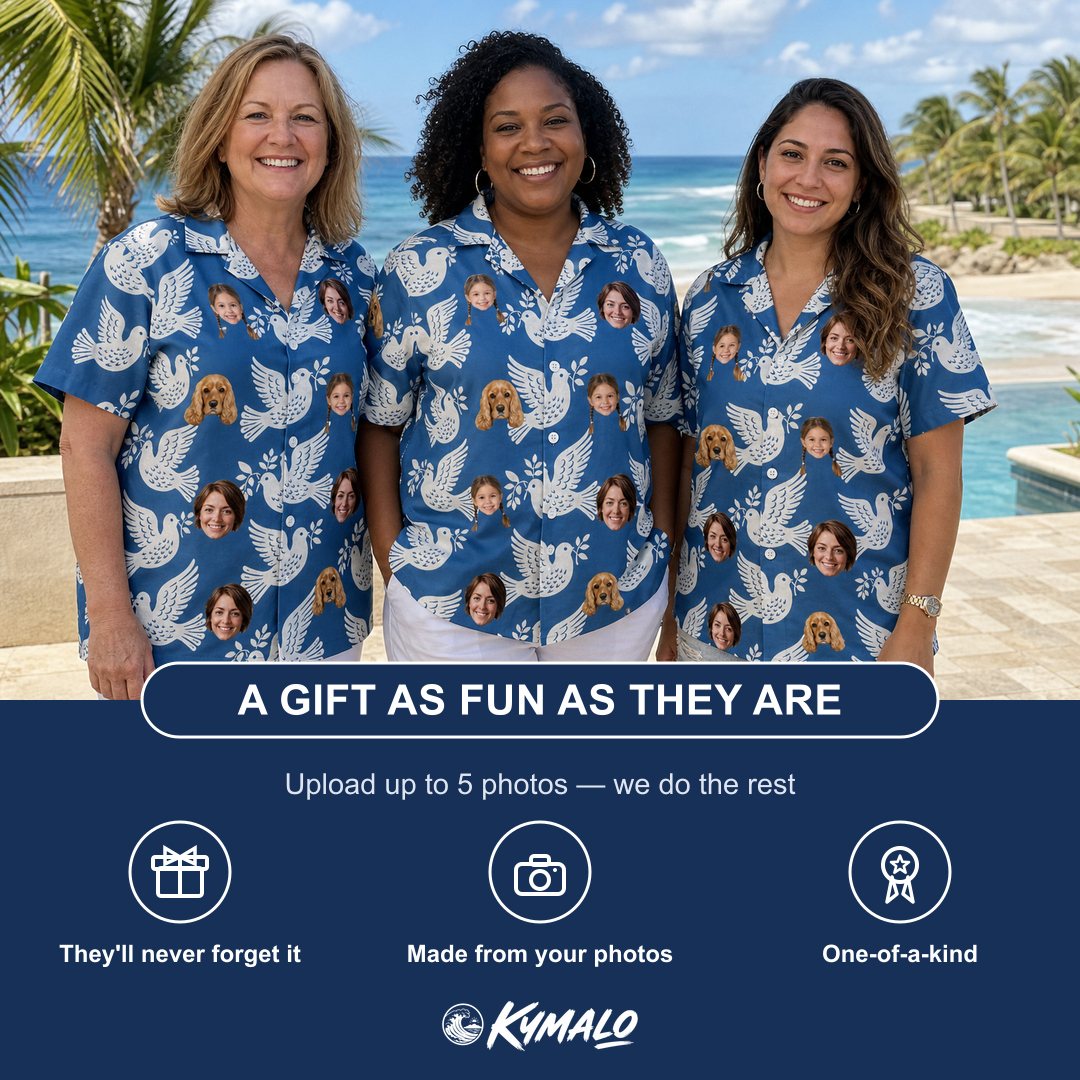 Friends in matching Women's Pearlwing Promise Custom Face Hawaiian Shirt — a group gift photo