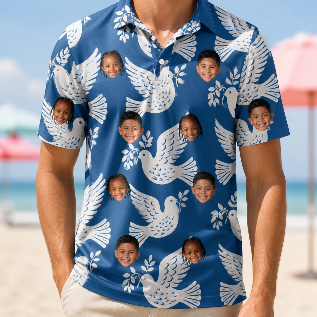 Model wearing Men's Pearlwing Promise Custom Face Polo Shirt printed with kids' faces