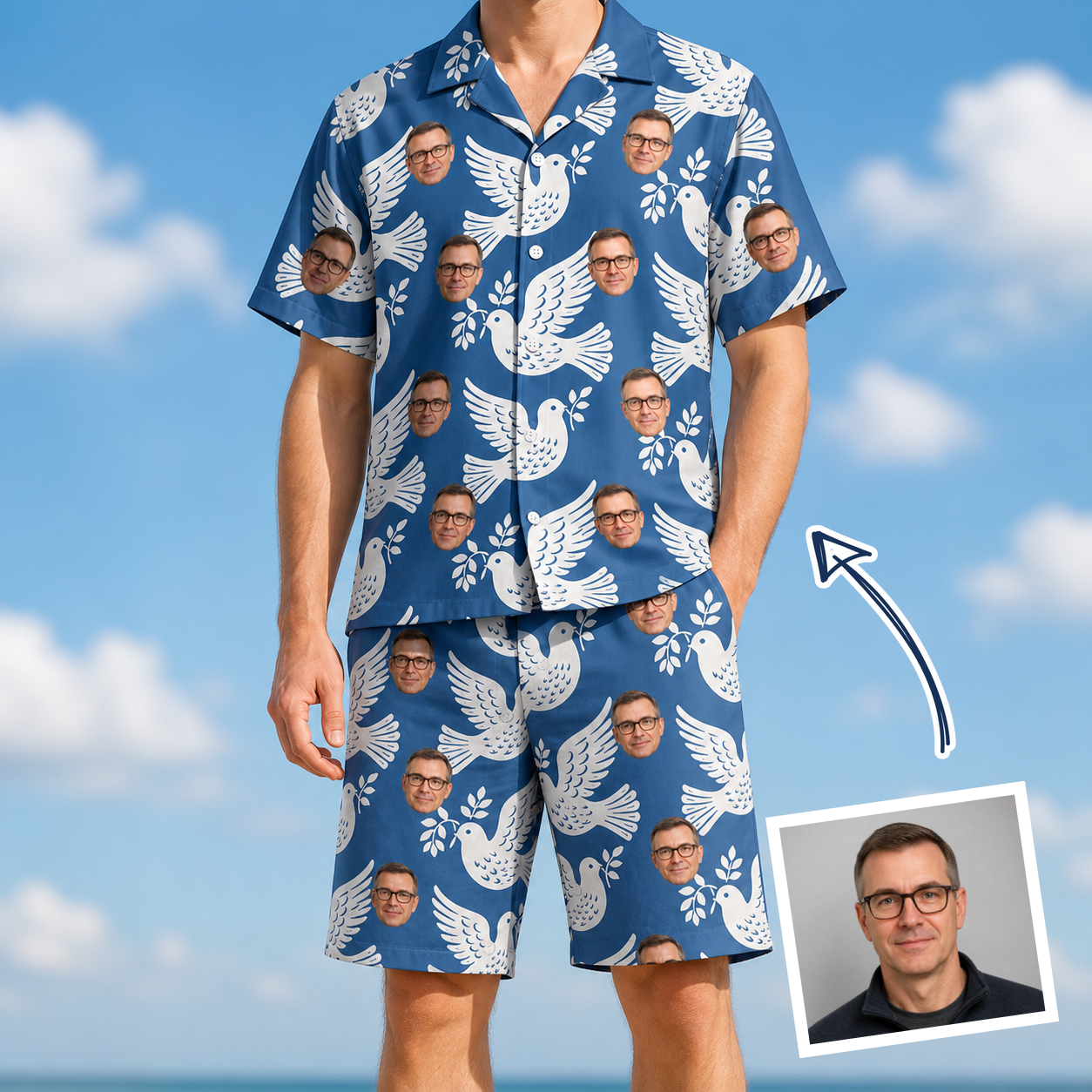 Man wearing Men's Pearlwing Promise Custom Face Shirt & Shorts Set — custom faces printed all-over