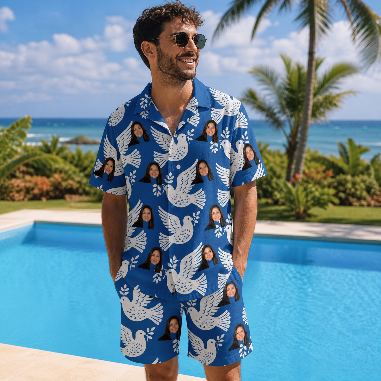 Real-life photo of someone wearing Men's Pearlwing Promise Custom Face Shirt & Shorts Set — custom faces printed all-over