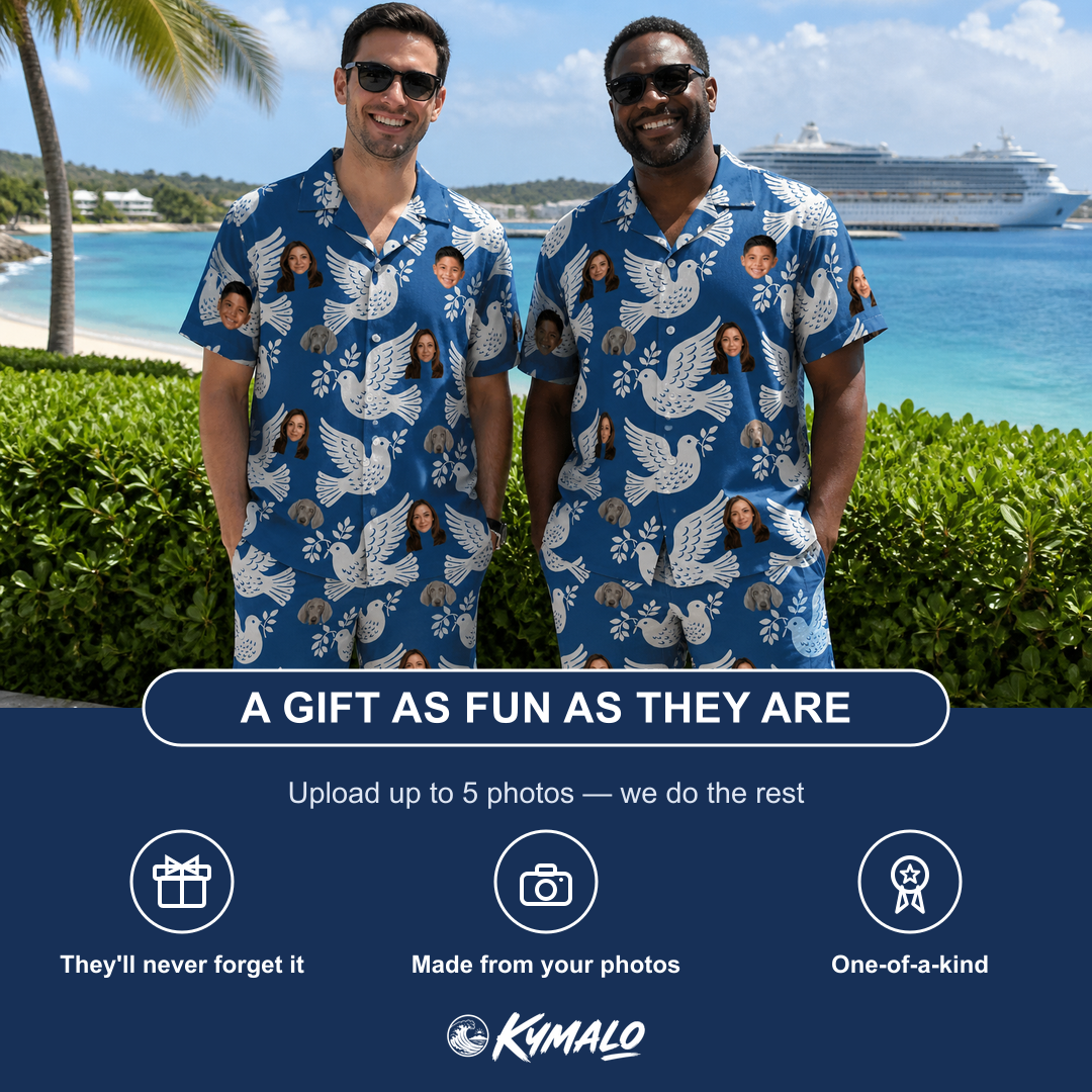 Friends in matching Men's Pearlwing Promise Custom Face Shirt & Shorts Set — a group gift photo