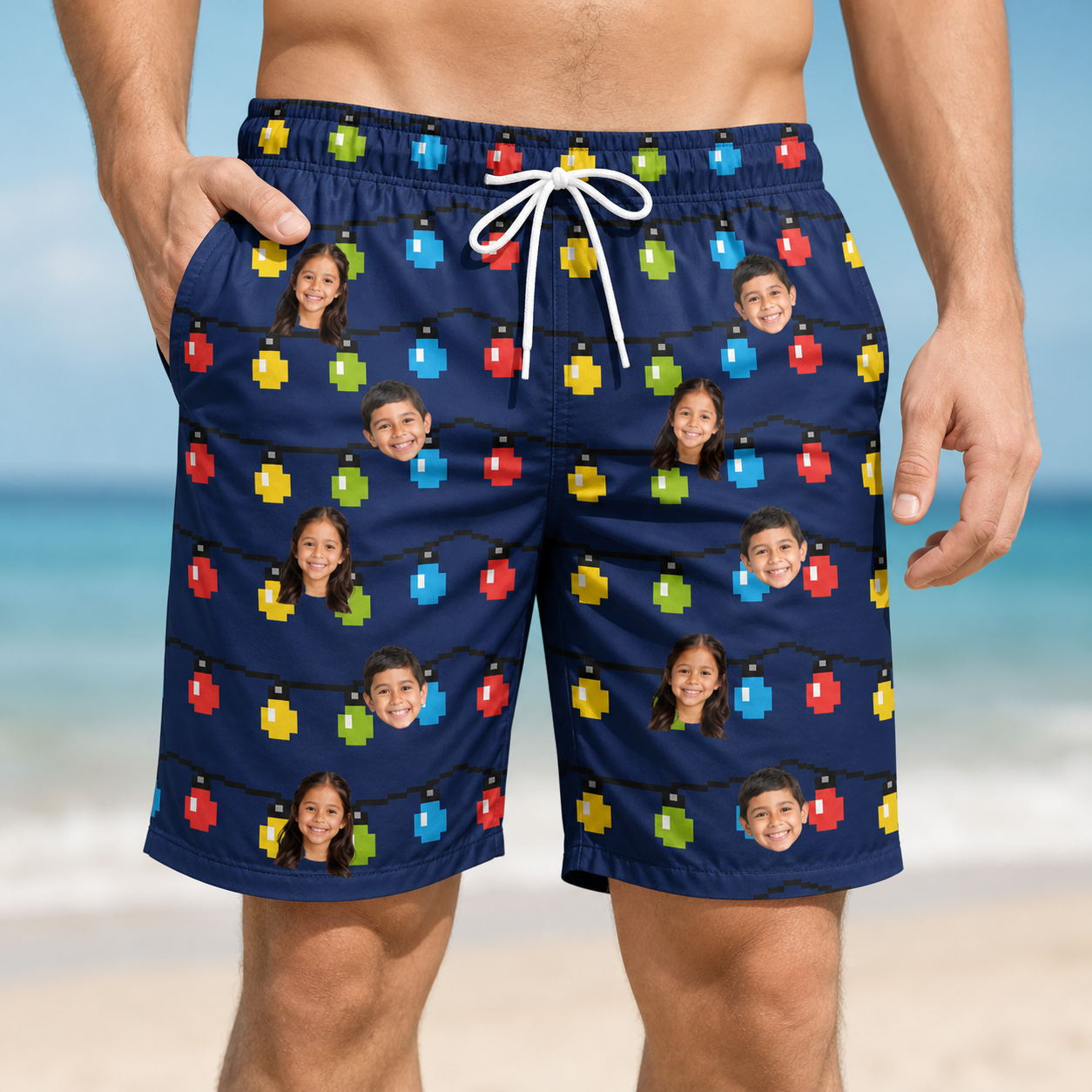 Model wearing Men's Stringlight Soirée Custom Face Beach Shorts printed with kids' faces