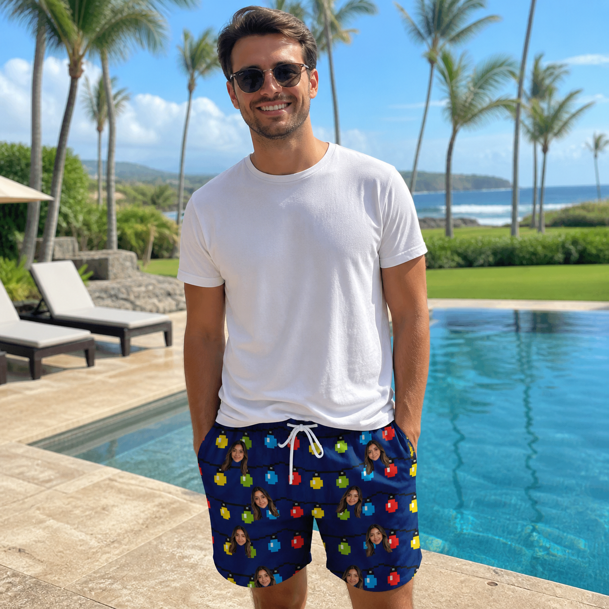 Real-life photo of someone wearing Men's Stringlight Soirée Custom Face Beach Shorts — custom faces printed all-over