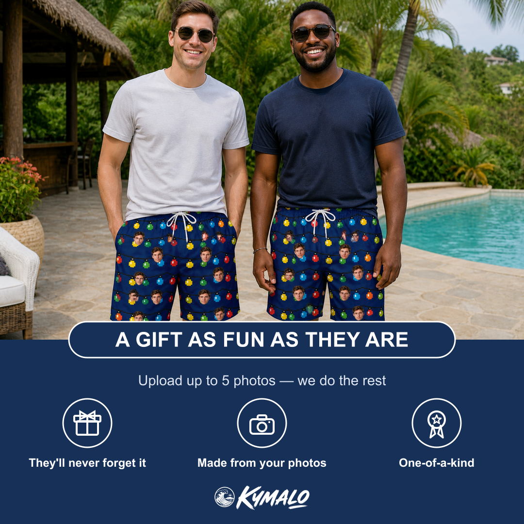 Friends in matching Men's Stringlight Soirée Custom Face Beach Shorts — a group gift photo
