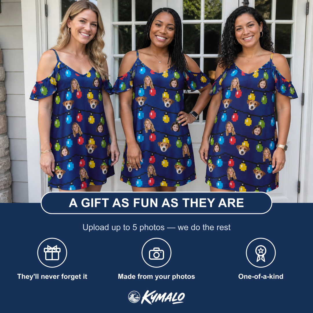 Friends in matching Women's Stringlight Soirée Custom Face Off-Shoulder Dress — a group gift photo