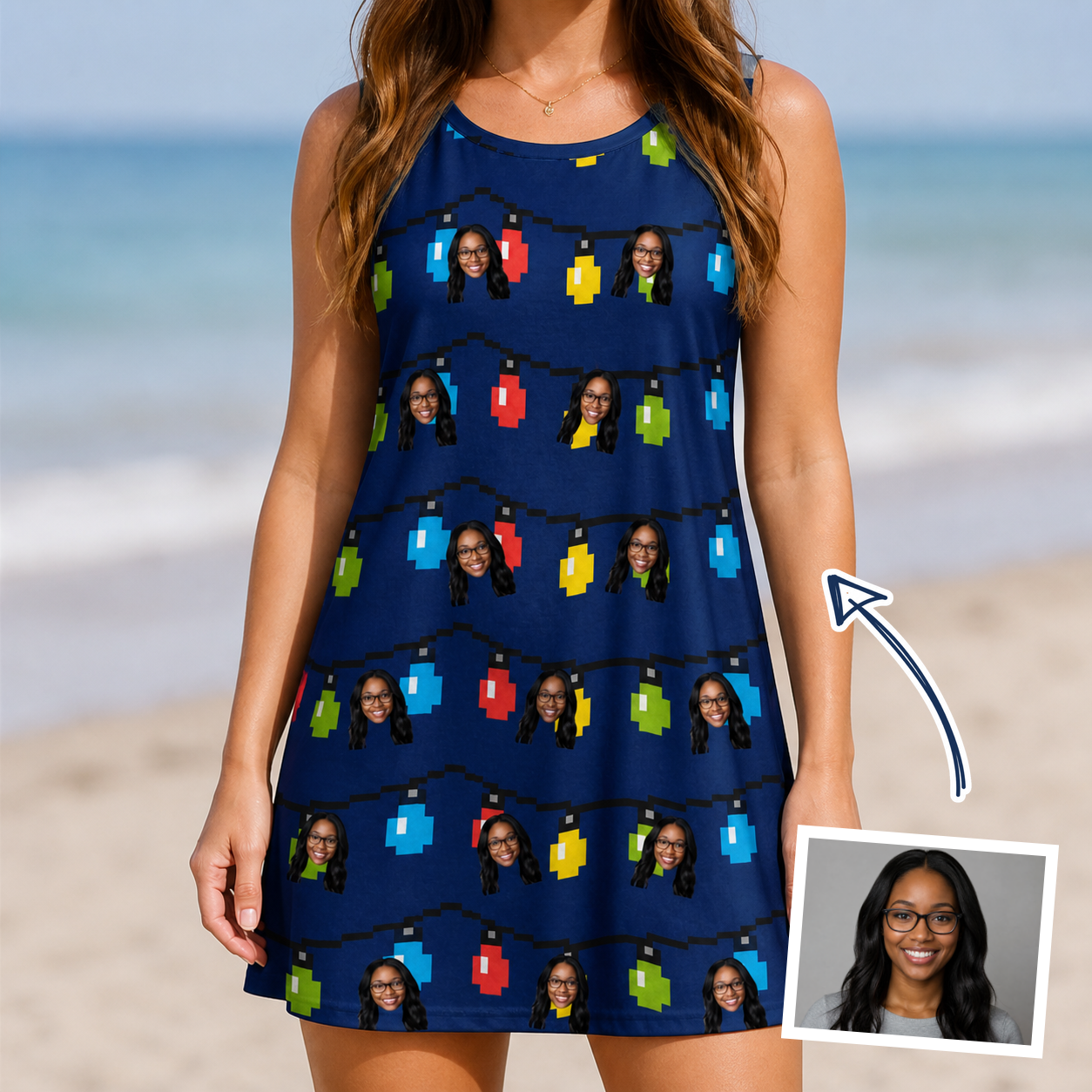 Woman wearing Women's Stringlight Soirée Custom Face Tank Dress — custom faces printed all-over