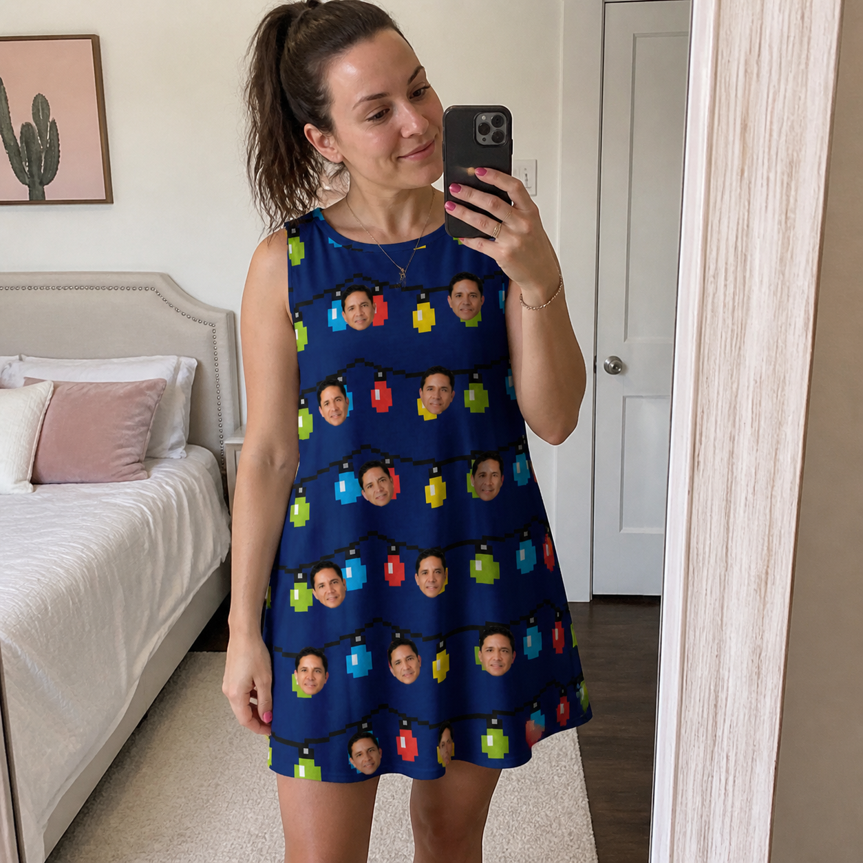 Real-life photo of someone wearing Women's Stringlight Soirée Custom Face Tank Dress — custom faces printed all-over