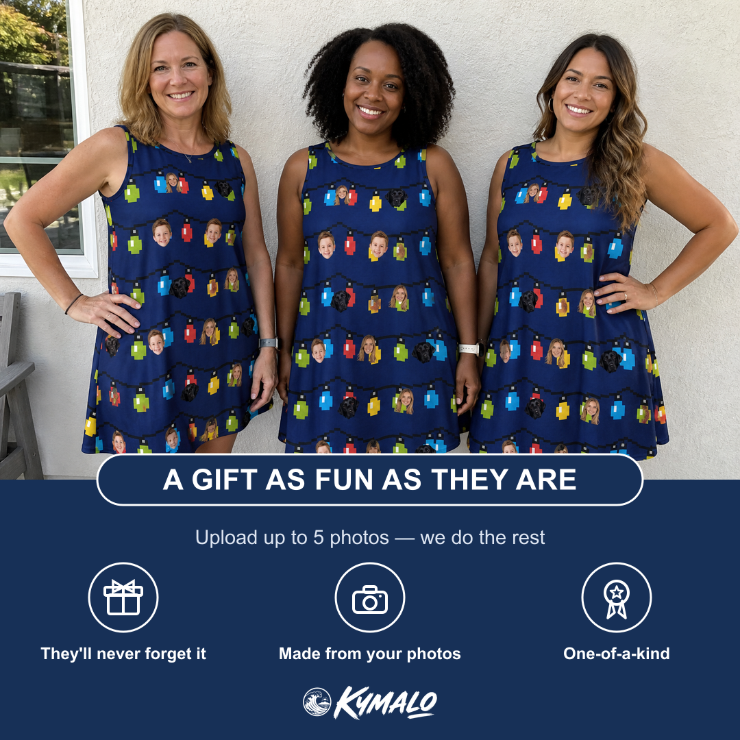 Friends in matching Women's Stringlight Soirée Custom Face Tank Dress — a group gift photo
