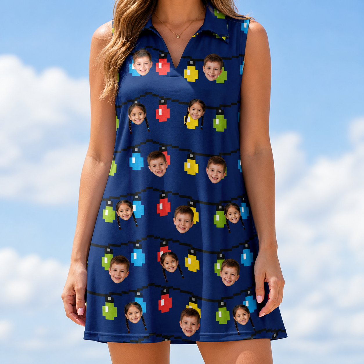 Model wearing Women's Stringlight Soirée Custom Face V-Neck Dress printed with kids' faces