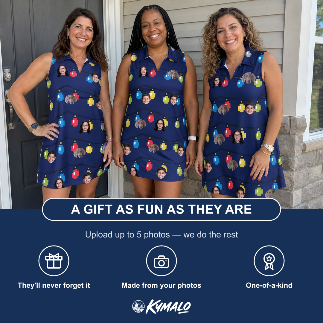 Friends in matching Women's Stringlight Soirée Custom Face V-Neck Dress — a group gift photo