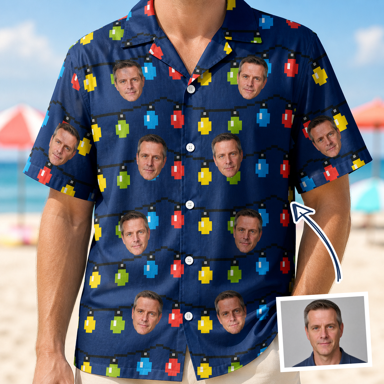 Man wearing Men's Stringlight Soirée Custom Face Hawaiian Shirt — custom faces printed all-over