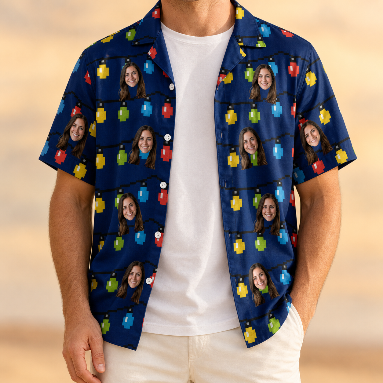 Man wearing Men's Stringlight Soirée Custom Face Hawaiian Shirt open over a white tee