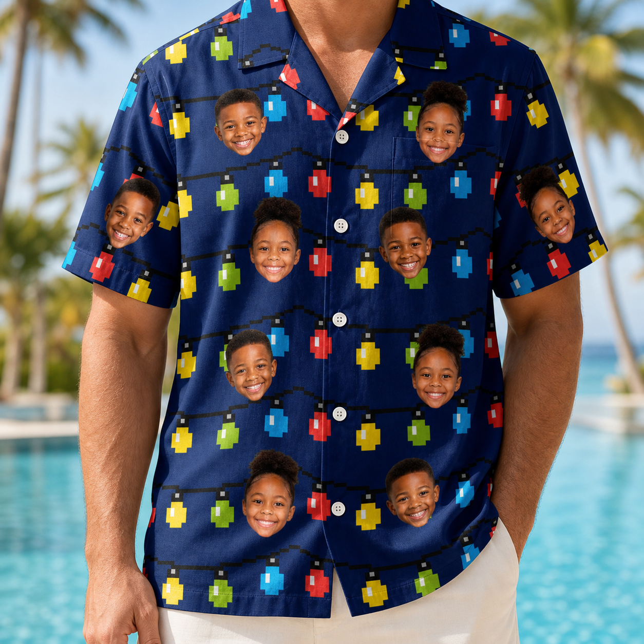 Model wearing Men's Stringlight Soirée Custom Face Hawaiian Shirt printed with kids' faces