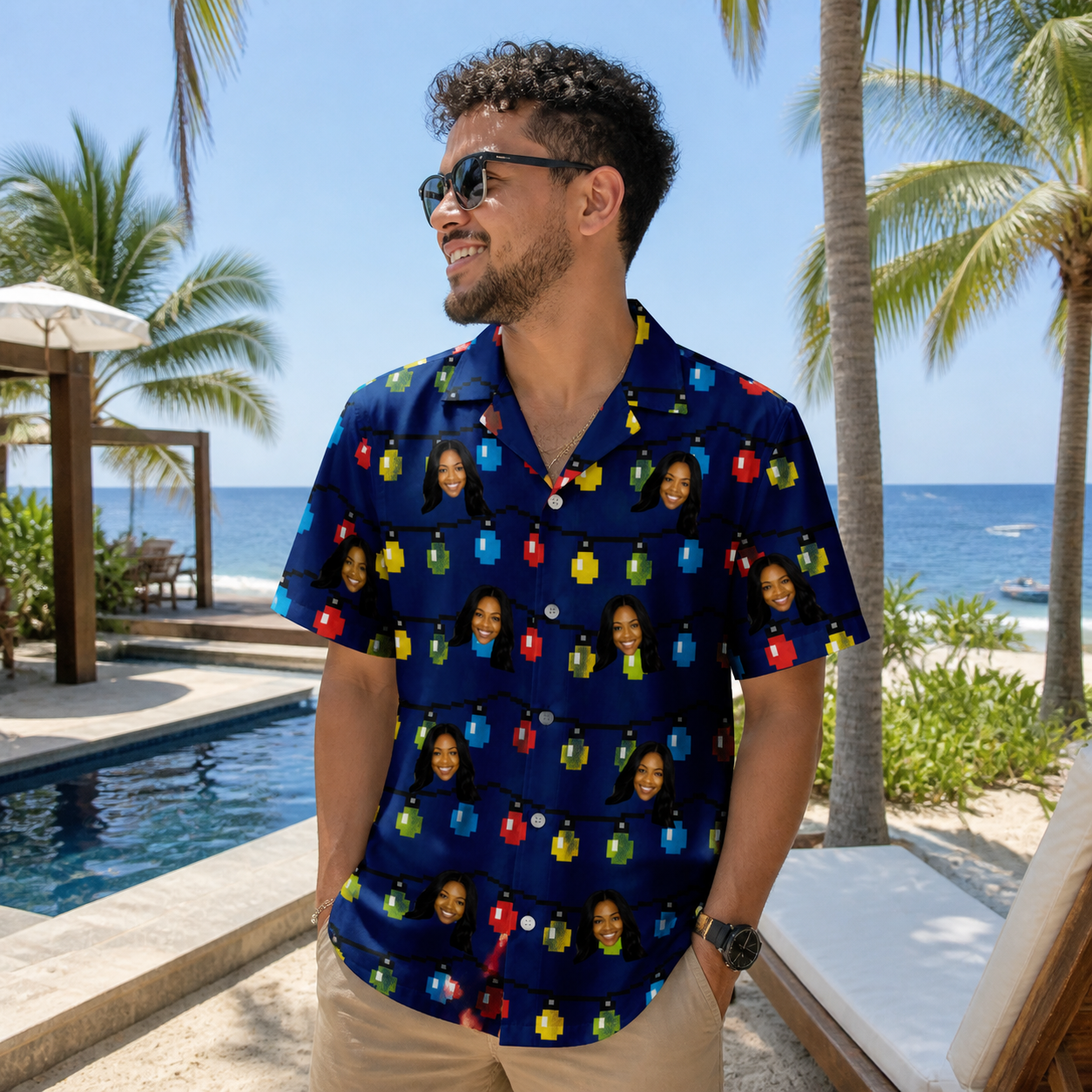 Real-life photo of someone wearing Men's Stringlight Soirée Custom Face Hawaiian Shirt — custom faces printed all-over
