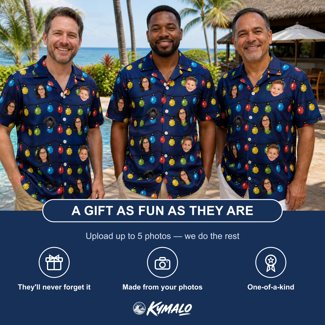 Friends in matching Men's Stringlight Soirée Custom Face Hawaiian Shirt — a group gift photo