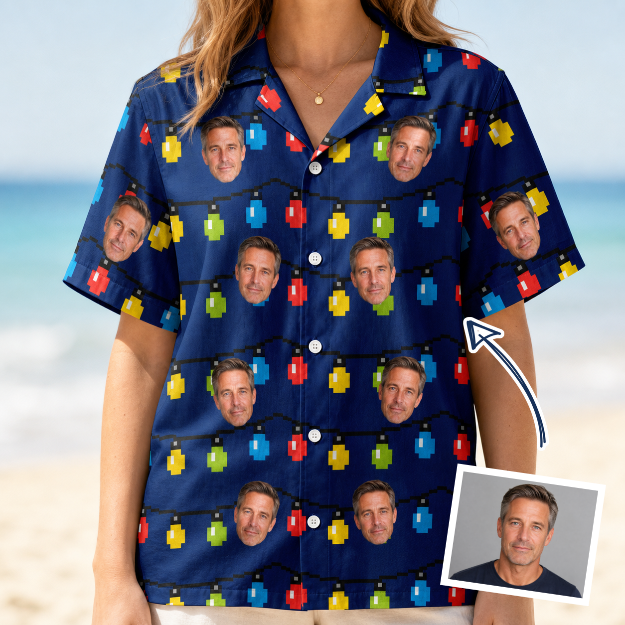 Woman wearing Women's Stringlight Soirée Custom Face Hawaiian Shirt — custom faces printed all-over