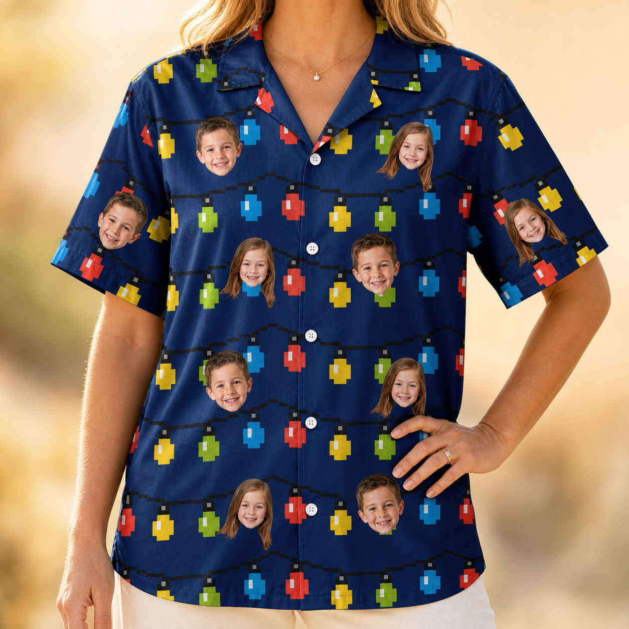 Model wearing Women's Stringlight Soirée Custom Face Hawaiian Shirt printed with kids' faces