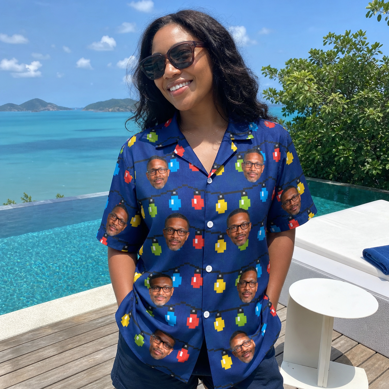 Real-life photo of someone wearing Women's Stringlight Soirée Custom Face Hawaiian Shirt — custom faces printed all-over