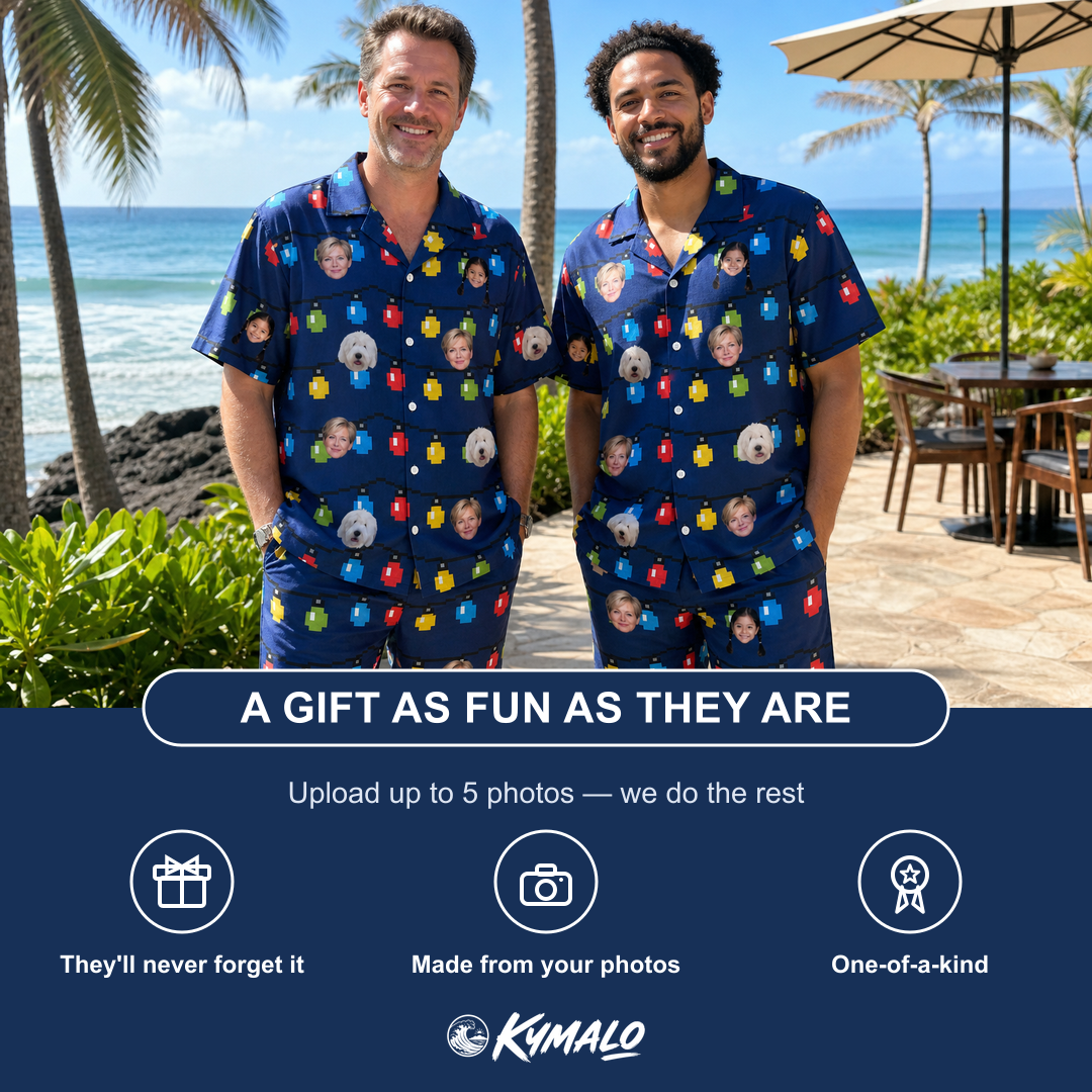 Friends in matching Men's Stringlight Soirée Custom Face Shirt & Shorts Set — a group gift photo