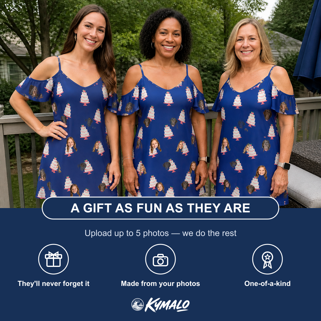 Friends in matching Women's Marzipan Marina Custom Face Off-Shoulder Dress — a group gift photo