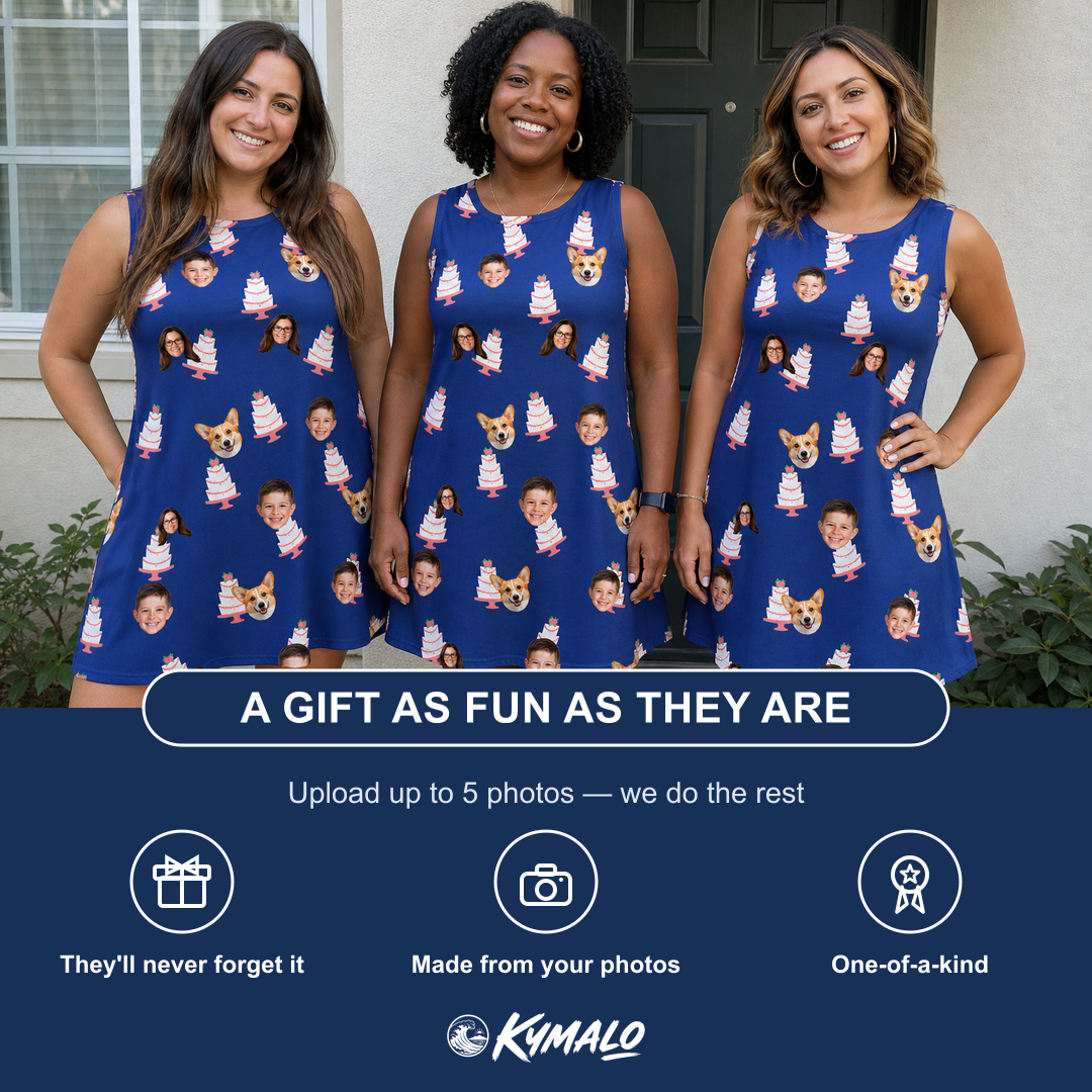 Friends in matching Women's Marzipan Marina Custom Face Tank Dress — a group gift photo