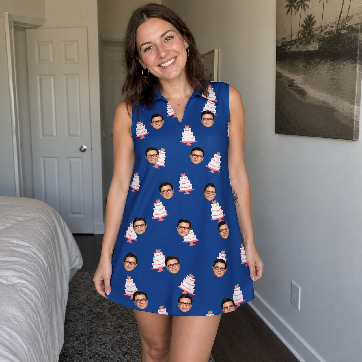 Real-life photo of someone wearing Women's Marzipan Marina Custom Face V-Neck Dress — custom faces printed all-over