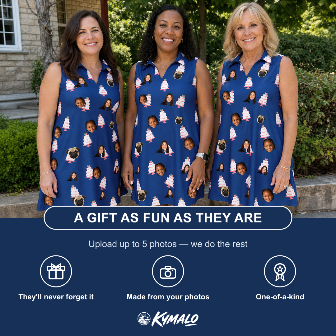 Friends in matching Women's Marzipan Marina Custom Face V-Neck Dress — a group gift photo