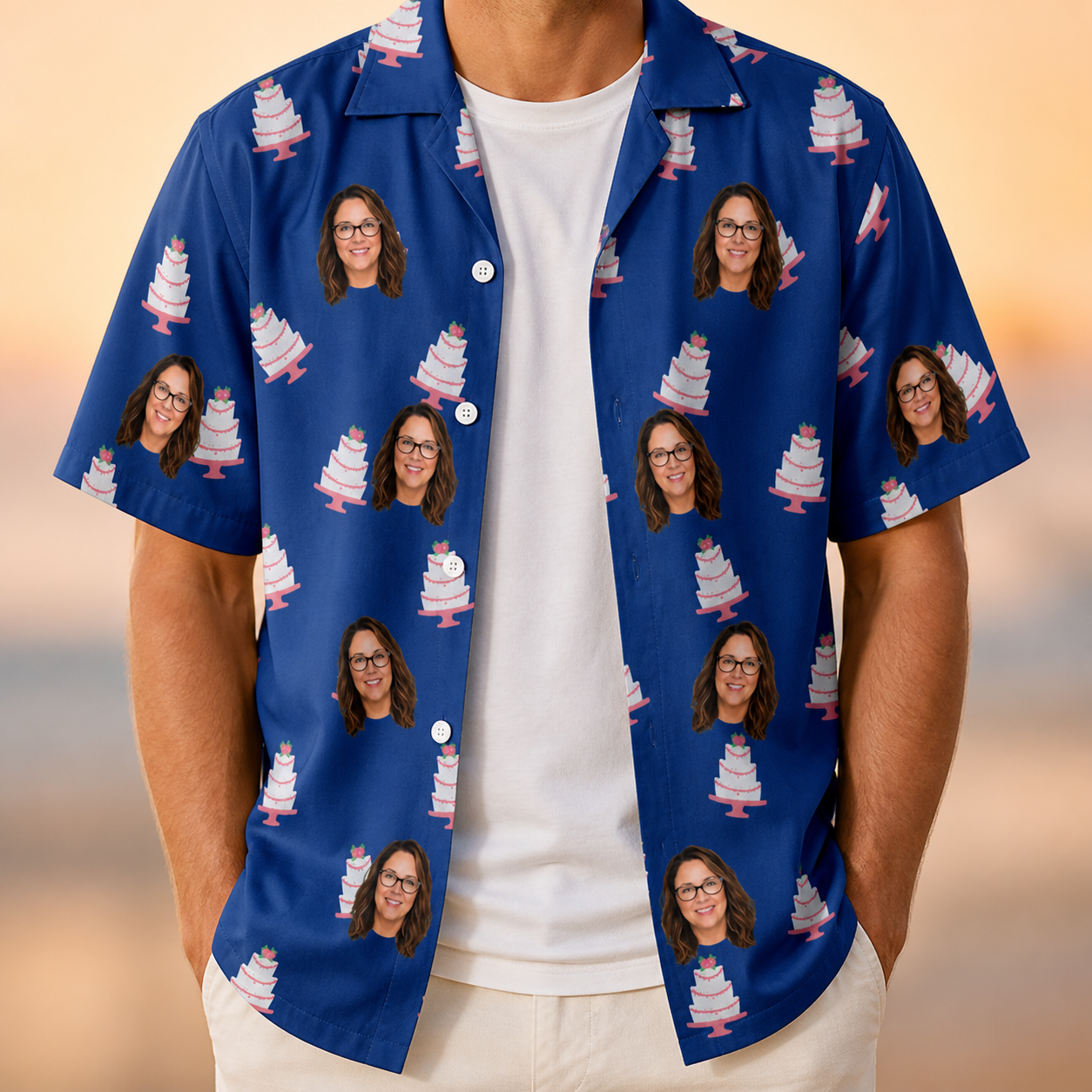 Man wearing Men's Marzipan Marina Custom Face Hawaiian Shirt open over a white tee