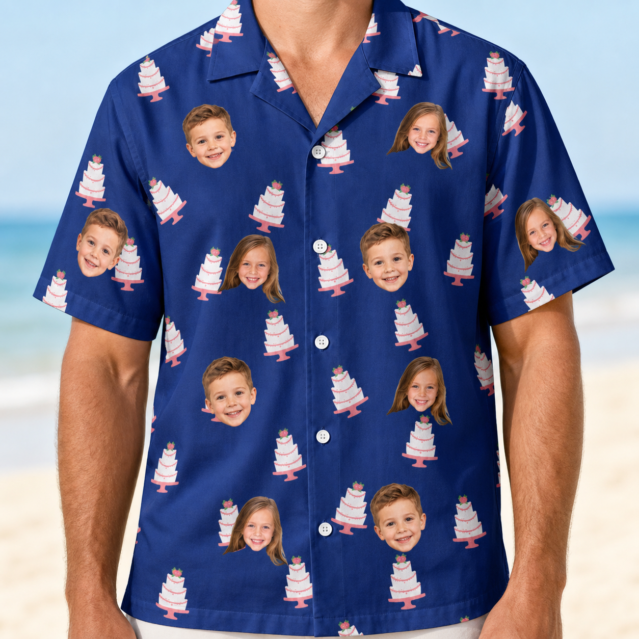 Model wearing Men's Marzipan Marina Custom Face Hawaiian Shirt printed with kids' faces
