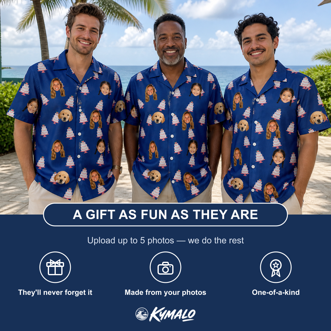 Friends in matching Men's Marzipan Marina Custom Face Hawaiian Shirt — a group gift photo